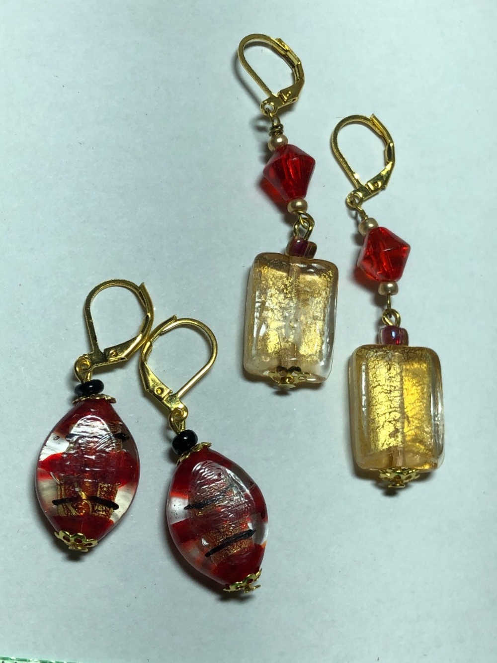 2 art glass red gold dangle earrings lot